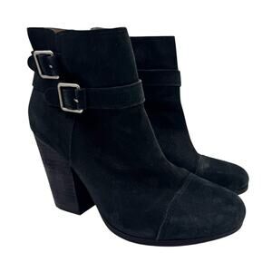 Lucky Brand Laureen Suede Block Heeled Double Buckle Ankle Booties Black Sz 9.5